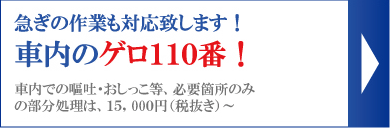 車内のゲロ１１０番！急ぎの作業も対応致します！車内での嘔吐・おしっこ等、必要箇所のみの部分処理は15,750円（税込）から